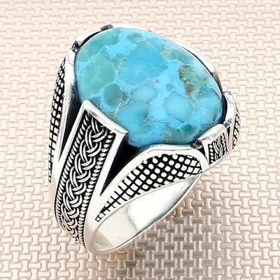 Knot Model Natural Turquoise Stone Sterling Silver Mens Ring - 1