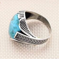 Knot Model Natural Turquoise Stone Sterling Silver Mens Ring - Thumbnail