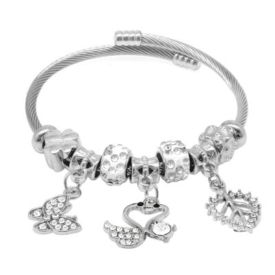 Kuğu&Kelebek Detaylı Pandora Tasarım Silver Renk Çelik Kadın Sallantılı Bileklik - 1