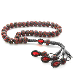 Large Red-Gray Circle With A Faceting İn The Shape Of A Ball, Handmade From 1000 Karat Silver Kazaz Tasbih - 1