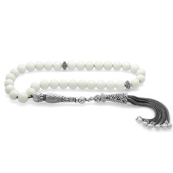 Layered Chain Dullness With Metallic Tassel And Spherical Cut White Mother Of Pearl Natural Tasbih Stone - Thumbnail