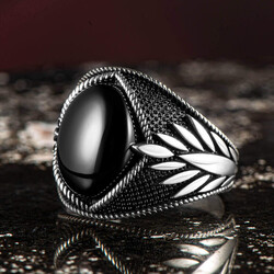 Leaf Motif 925 Sterling Silver Mens Black Onyx Ring - 1