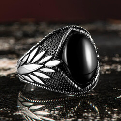 Leaf Motif 925 Sterling Silver Mens Black Onyx Ring - 2