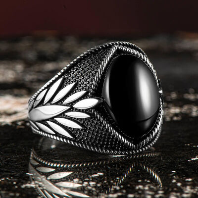 Leaf Motif 925 Sterling Silver Mens Black Onyx Ring - 2