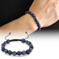 Macrame Braided Ball-Cut Matte Dark Blue Bracelet With Faceted Hematite From Combined Natural Stones - 1