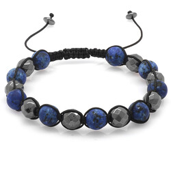 Macrame Braided Ball-Cut Matte Dark Blue Bracelet With Faceted Hematite From Combined Natural Stones - 2