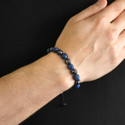Macrame Braided Ball-Cut Matte Dark Blue Bracelet With Faceted Hematite From Combined Natural Stones - 3