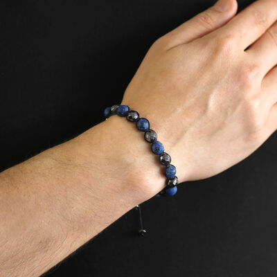 Macrame Braided Ball-Cut Matte Dark Blue Bracelet With Faceted Hematite From Combined Natural Stones - 3