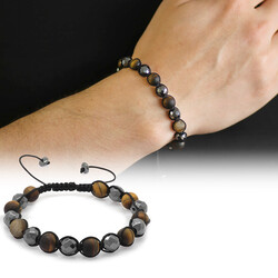 Macrame Braided Bracelet Made Of Combined Natural Stones With Matte Tiger's Eye And Hematite Cut - 1
