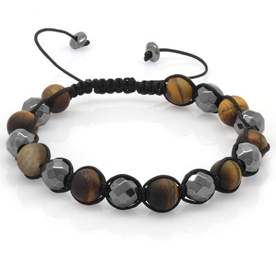 Macrame Braided Bracelet Made Of Combined Natural Stones With Matte Tiger's Eye And Hematite Cut - 2