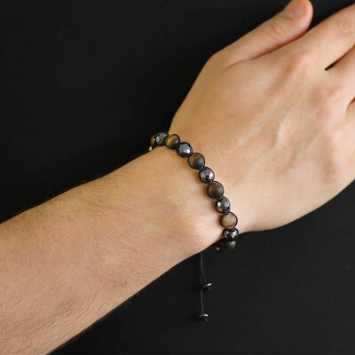 Macrame Braided Bracelet Made Of Combined Natural Stones With Matte Tiger's Eye And Hematite Cut - 3