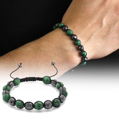 Macrame Braided Bracelet With A Matte Green Sphere-Shaped Cut With Faceted Hematite And A Combined Natural Stone - 1