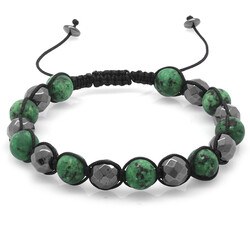 Macrame Braided Bracelet With A Matte Green Sphere-Shaped Cut With Faceted Hematite And A Combined Natural Stone - 2