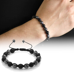 Macrame Braided Bracelet With A Sphere-Cut And Faceted Onyx Hematite, A Combined Natural Stone - 1