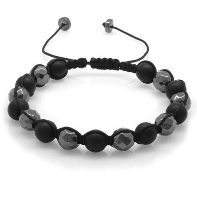 Macrame Braided Bracelet With A Sphere-Cut And Faceted Onyx Hematite, A Combined Natural Stone - 2