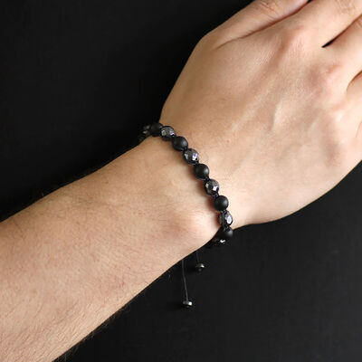 Macrame Braided Bracelet With A Sphere-Cut And Faceted Onyx Hematite, A Combined Natural Stone - 3