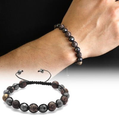 Macrame Braided Bracelet With Spheres Cut From Matte Faceted Hematite From Combined Natural Stones - 1