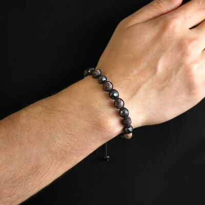 Macrame Braided Bracelet With Spheres Cut From Matte Faceted Hematite From Combined Natural Stones - 3