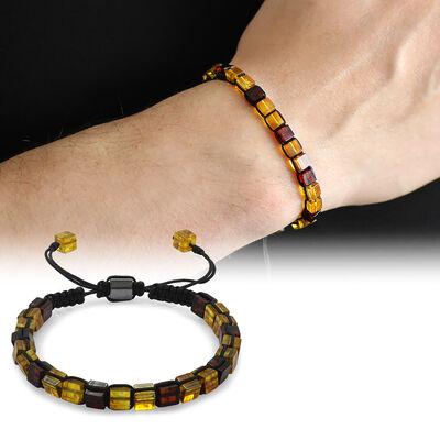 Macrame Braided Cube Honey-Yellow Natural Amber Men's Bracelet