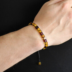 Macrame Braided Cube Honey-Yellow Natural Amber Men's Bracelet - Thumbnail