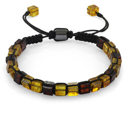 Macrame Braided Cube Honey-Yellow Natural Amber Men's Bracelet - Thumbnail