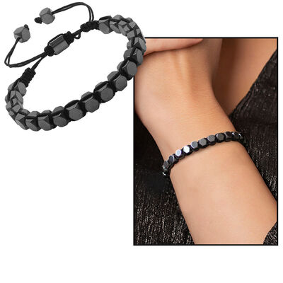 Macrame Braided Hexagonal Prism Design Hematite Natural Stone Women Bracelet - 1