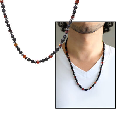 Macrame Braided Onyx-Agate-Hematite Men's Necklace Made Of Combined Natural Stones - 1