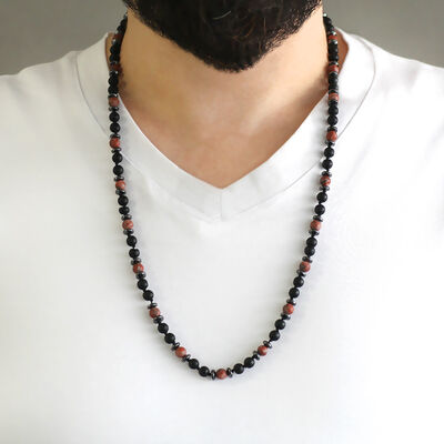 Macrame Braided Onyx And Red Jasper Mens Necklace Combination Natural Stones - 2
