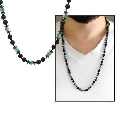 Macrame Braided Onyx-Green And White Agate Combination Natural Stone Mens Necklace