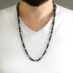 Macrame Braided Onyx-Green And White Agate Combination Natural Stone Mens Necklace - Thumbnail