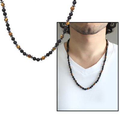 Macrame Braided Onyx-Tiger Eye-Hematite Combination Natural Stone Mens Necklace - 1