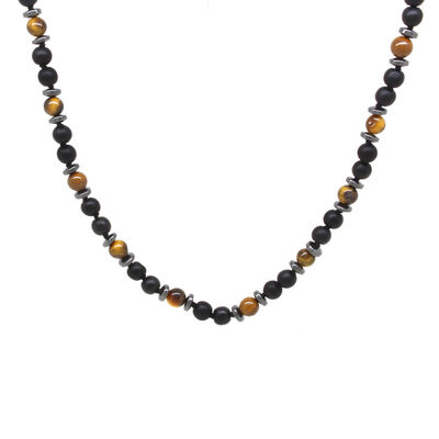 Macrame Braided Onyx-Tiger Eye-Hematite Combination Natural Stone Mens Necklace - 2