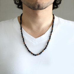 Macrame Braided Onyx-Tiger Eye-Hematite Combination Natural Stone Mens Necklace - 3