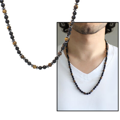 Macrame Braided Tiger Eye-Onyx-Hematite Combined Natural Stone Men's Choker - 1