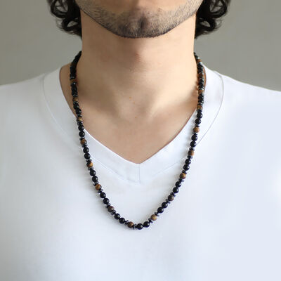 Macrame Braided Tiger Eye-Onyx-Hematite Combined Natural Stone Men's Choker - 3