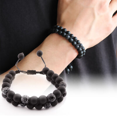 Macrame Knitting Double-Row Agate-Onyx Bracelet With Natural Stone - 1