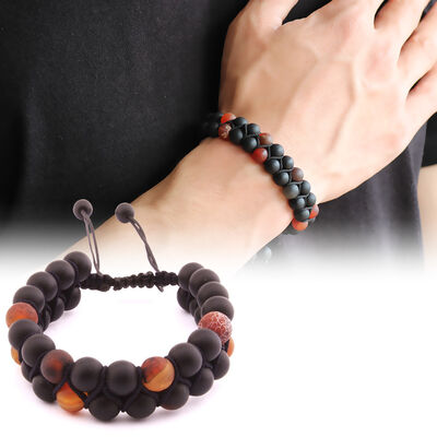 Macrame Knitting Double-Row Onyx-Agate Bracelet With Natural Stone - 1