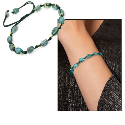 Makrome Örgülü Naturel Kesim Dorika Top Detaylı Larimar Doğaltaş Kadın Bileklik - 1