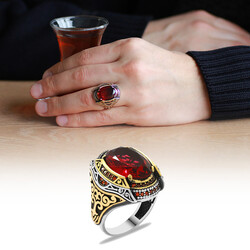 Men's 925 Sterling Silver Bevel Cut Red Zirconia Stone Micro Zirconia Setting - 1