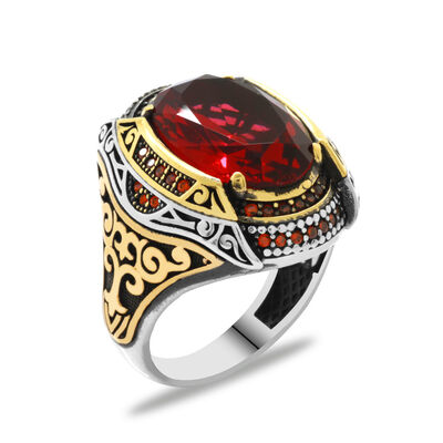 Men's 925 Sterling Silver Bevel Cut Red Zirconia Stone Micro Zirconia Setting - 2