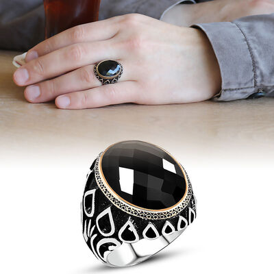 Men's 925 Sterling Silver Embroidered Black Onyx Drop Pattern Ring - 1
