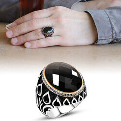 Men's 925 Sterling Silver Embroidered Black Onyx Drop Pattern Ring - 5