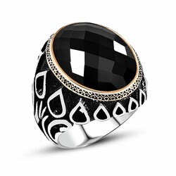 Men's 925 Sterling Silver Embroidered Black Onyx Drop Pattern Ring - Thumbnail