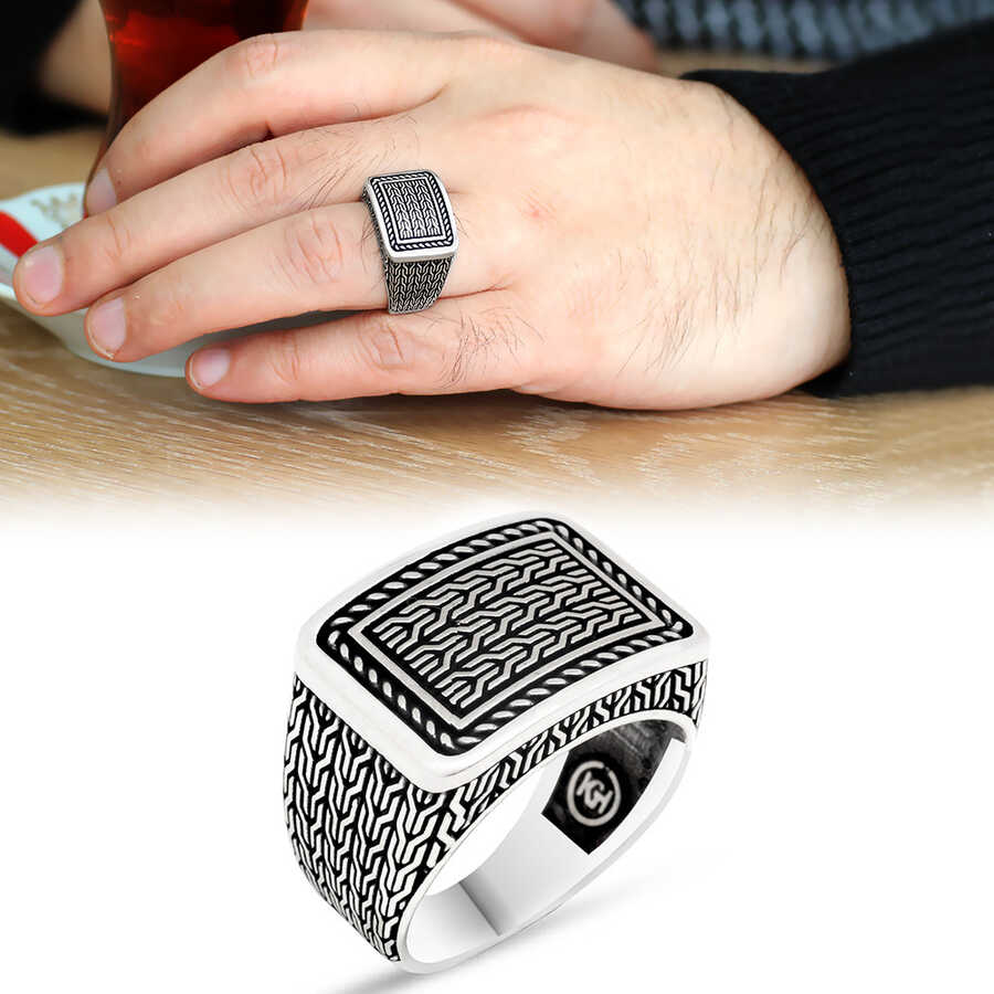 Turkish Ottoman Jewelry Braid Touch Motif 925K Sterling Silver Men's Ring 