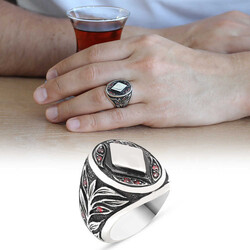 Men's 925 Sterling Silver Micro Diamond Embroidery Ring - Thumbnail
