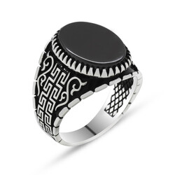 Mens 925 Sterling Silver Oval Black Onyx Labyrinth Ring - Thumbnail