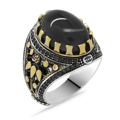 Mens 925 Sterling Silver Oval Black Zirconia Ring - 3