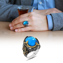 Men's 925 Sterling Silver Ring Designed With Crown Design Faceted Zircon Stone - Thumbnail