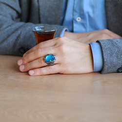 Men's 925 Sterling Silver Ring Designed With Crown Design Faceted Zircon Stone - Thumbnail