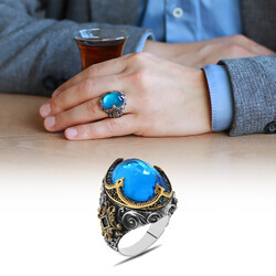 Men's 925 Sterling Silver Ring Designed With Crown Design Faceted Zircon Stone - 5